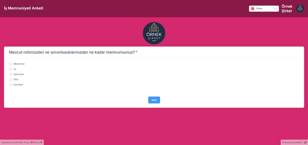 QuestMetric'te iş ve çalışan memnuniyet anketi soruları şablonu