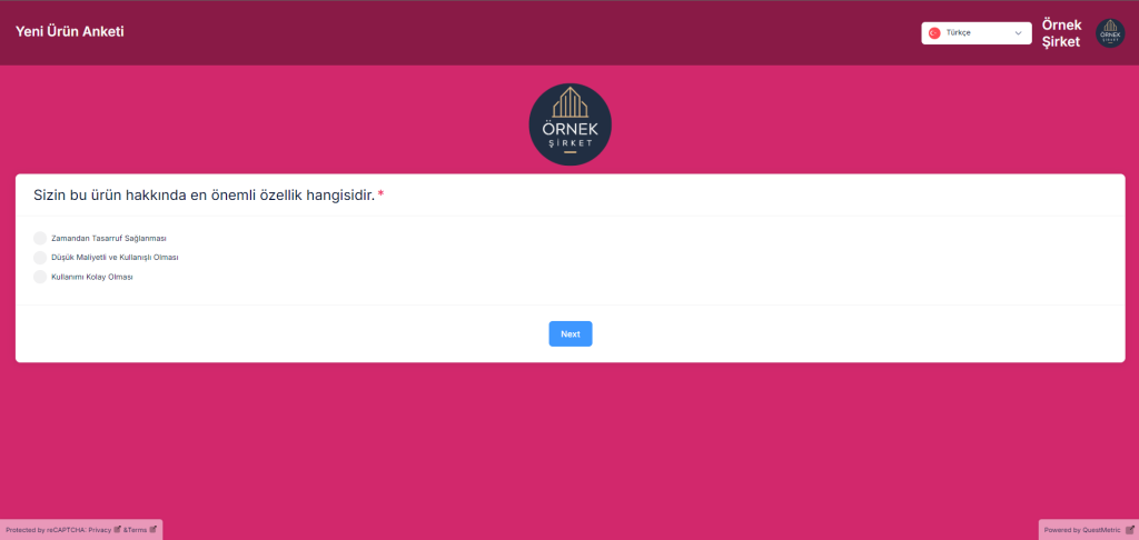 QuestMetric'te yeni ürün anketi şablonu